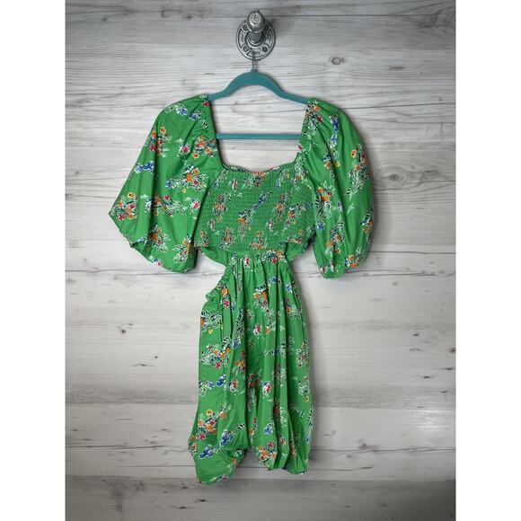 A New Day Dress Womens Small Green Floral Puff Sleeve Square Neck Smocked Lined - Picture 9 of 9